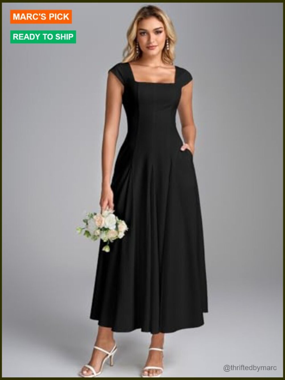 Corset Midi Dress Square Neck A-Line Flowy Wedding Guest Dress with Pockets - Picture 2 of 6